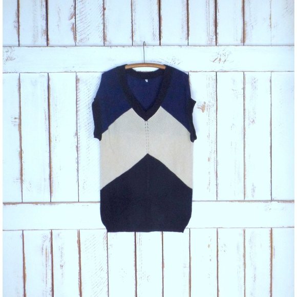 Vintage 90s blue tan black slouchy knit pullover sweater - Picture 2 of 8